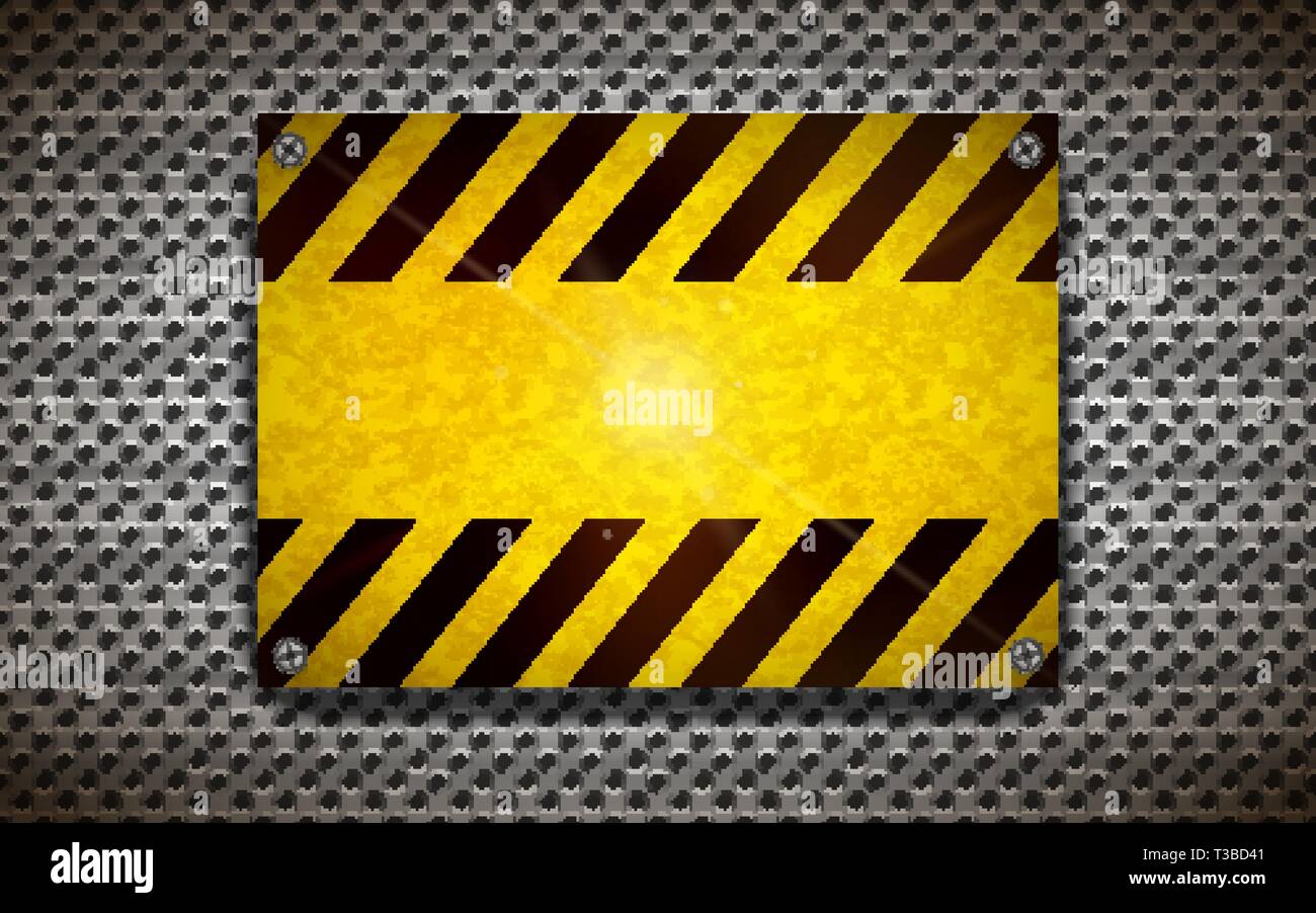 Bright yellow blank warning sign template on metallic grid, industrial