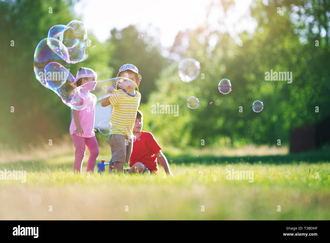Happy children having fun in grass on sunny summer evening Stock Photo