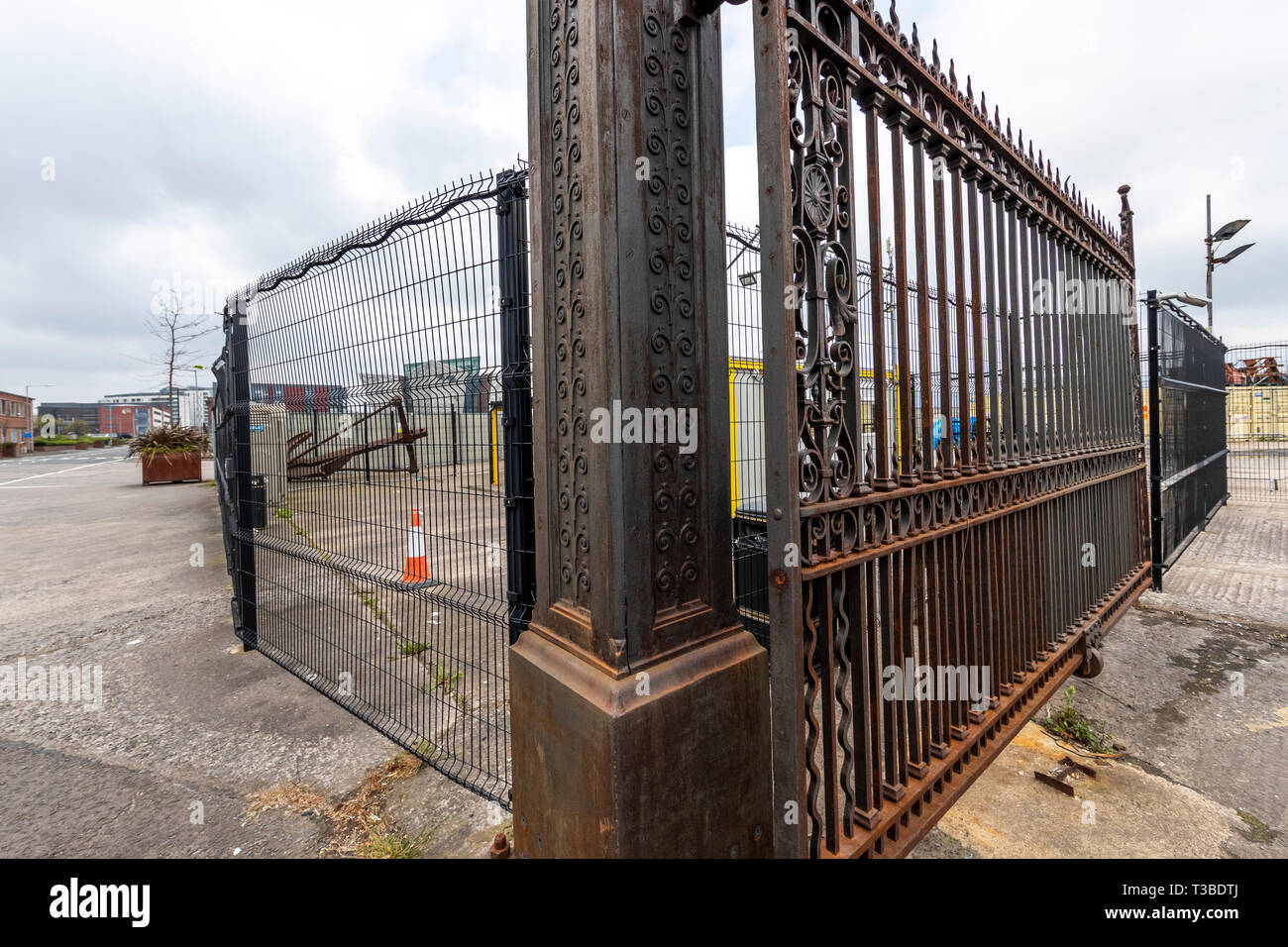 Old decorative iron dock gates on the Titanic slipway. Belfast