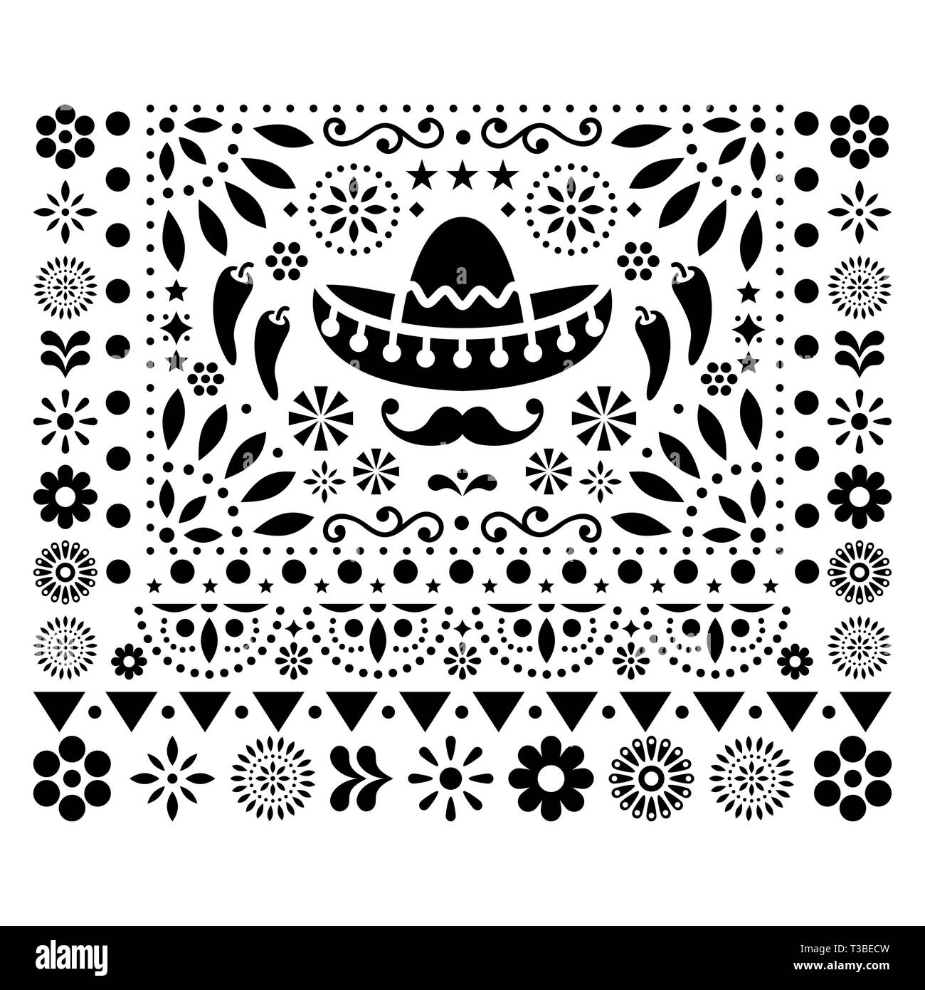 Mexican vector floral design with sombrero, chili peppers and flowers, happy ornament - greeting card on invitation pattern in black and white Stock Vector