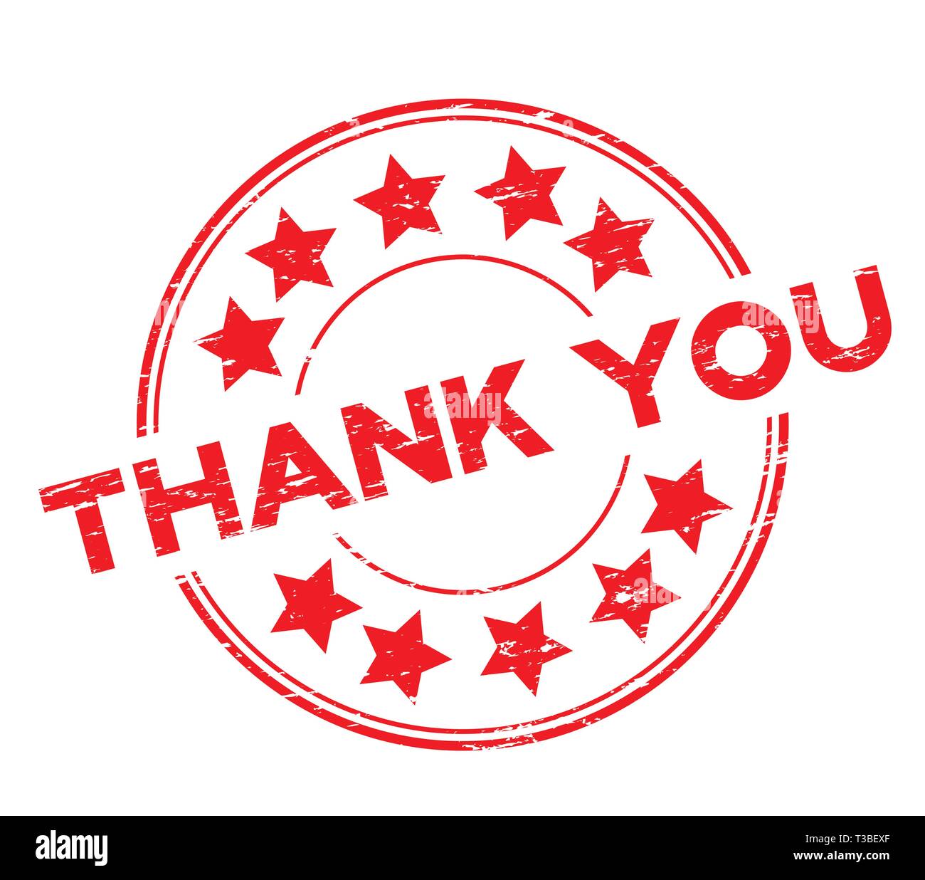 Grunge red thank you with star icon round rubber stamp on white background Stock Vector
