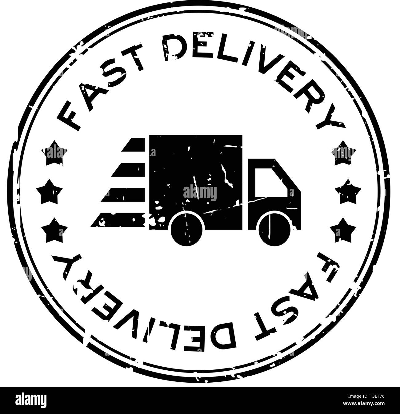 Grunge black fast delivery with truck icon round rubber seal stamp on