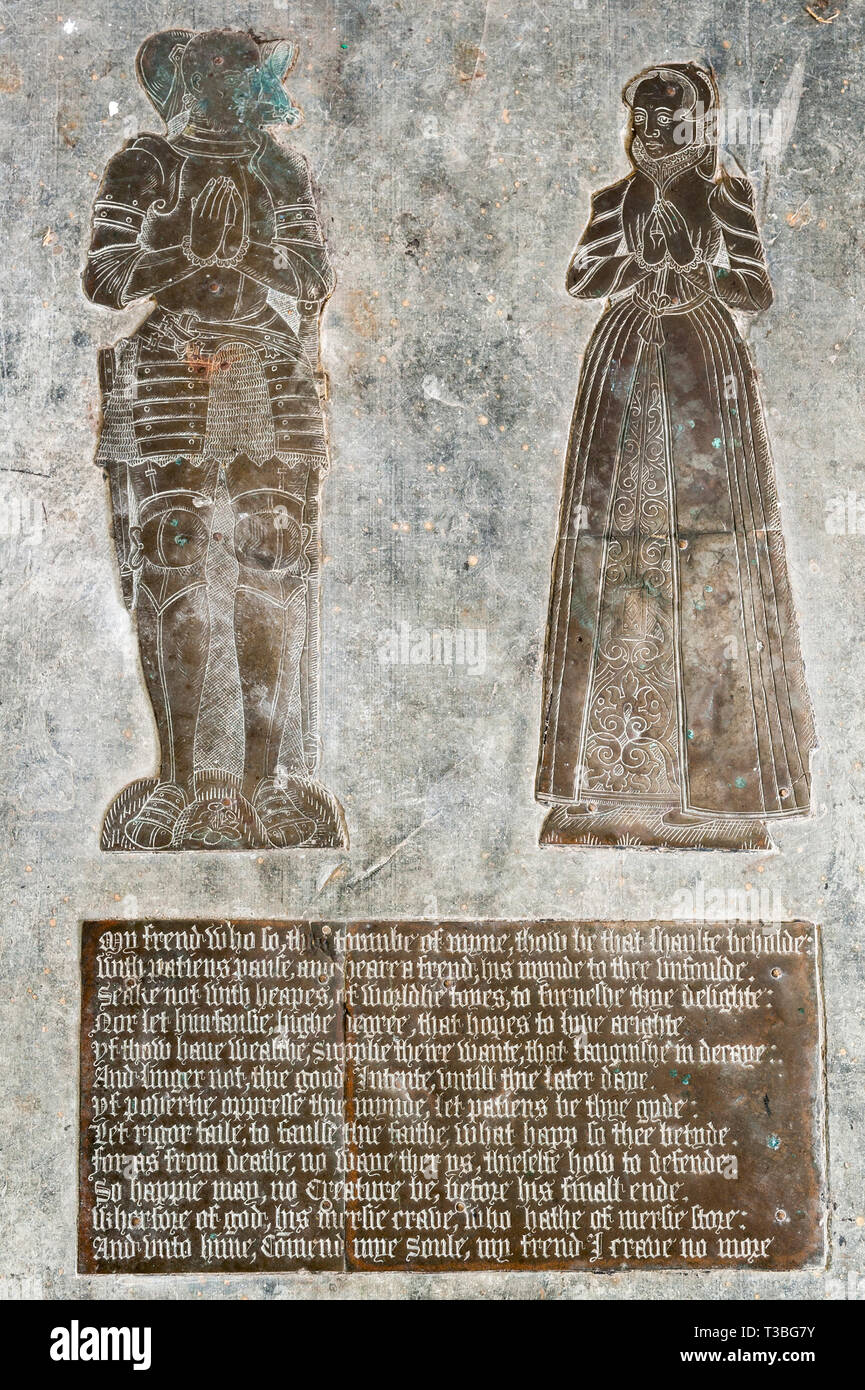 St Mawgan's Church in the village of St Mawgan in Pydar, Lanherne, Newquay, Cornwall. A fine memorial brass to Mary Arundell and her husband (1578) Stock Photo