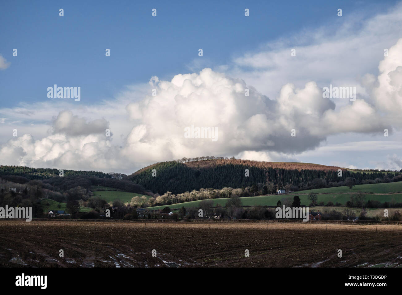 A huge cumulus cloud hangs over hills above the tiny hamlet of Stapleton, near Presteigne, Powys, UK, Stock Photo