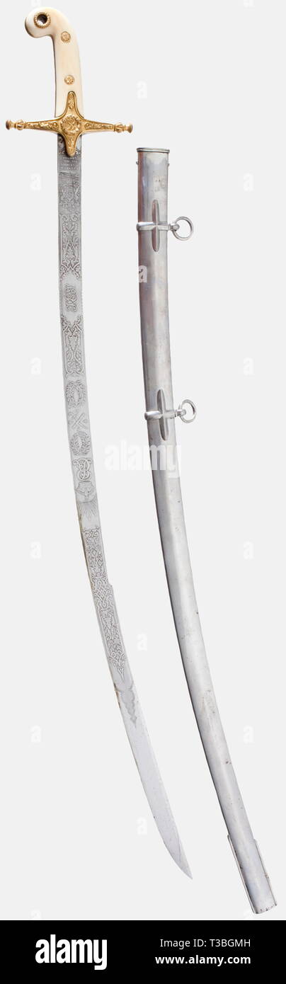 King Edward VII (1841 - 1910), an 1831 pattern sabre for general officers A slightly curved etched blade with a pronounced spur, both sides displaying the crowned cipher "ER VII", crossed sabres and a marshal's baton between wreaths, and floral elements. The reverse side bears the monogram "T.E.S." and the marker's inscription "Wilkinson". The obverse side has a gold filled mark, and the back bears the number "39459". Gilded brass hilt with riveted ivory grip scales. Iron scabbard with remnants of nickel-plating. Length 95 cm. The sabre comes fro, Additional-Rights-Clearance-Info-Not-Available Stock Photo