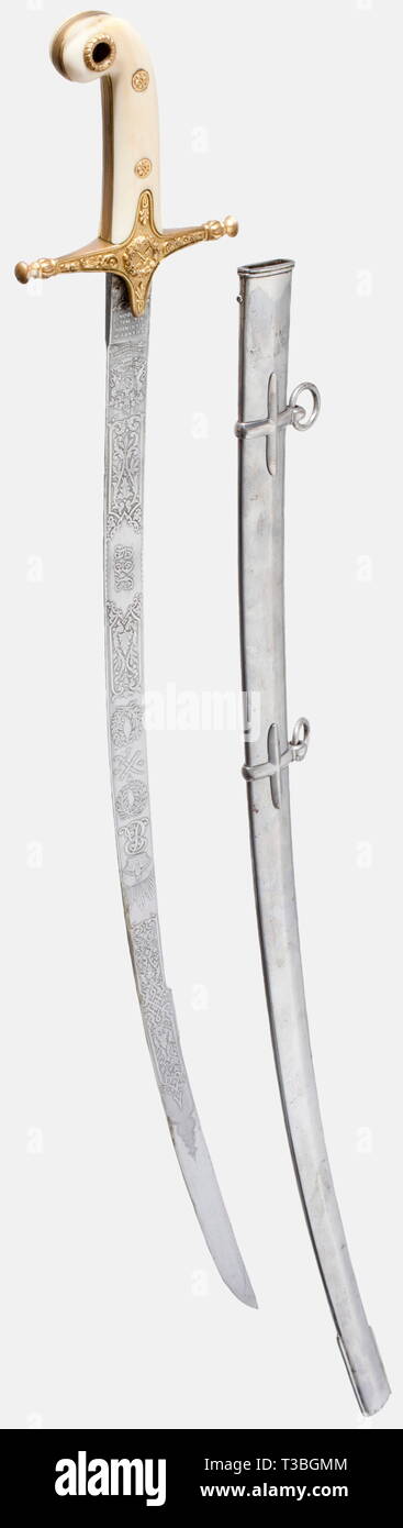 King Edward VII (1841 - 1910), an 1831 pattern sabre for general officers A slightly curved etched blade with a pronounced spur, both sides displaying the crowned cipher "ER VII", crossed sabres and a marshal's baton between wreaths, and floral elements. The reverse side bears the monogram "T.E.S." and the marker's inscription "Wilkinson". The obverse side has a gold filled mark, and the back bears the number "39459". Gilded brass hilt with riveted ivory grip scales. Iron scabbard with remnants of nickel-plating. Length 95 cm. The sabre comes fro, Additional-Rights-Clearance-Info-Not-Available Stock Photo