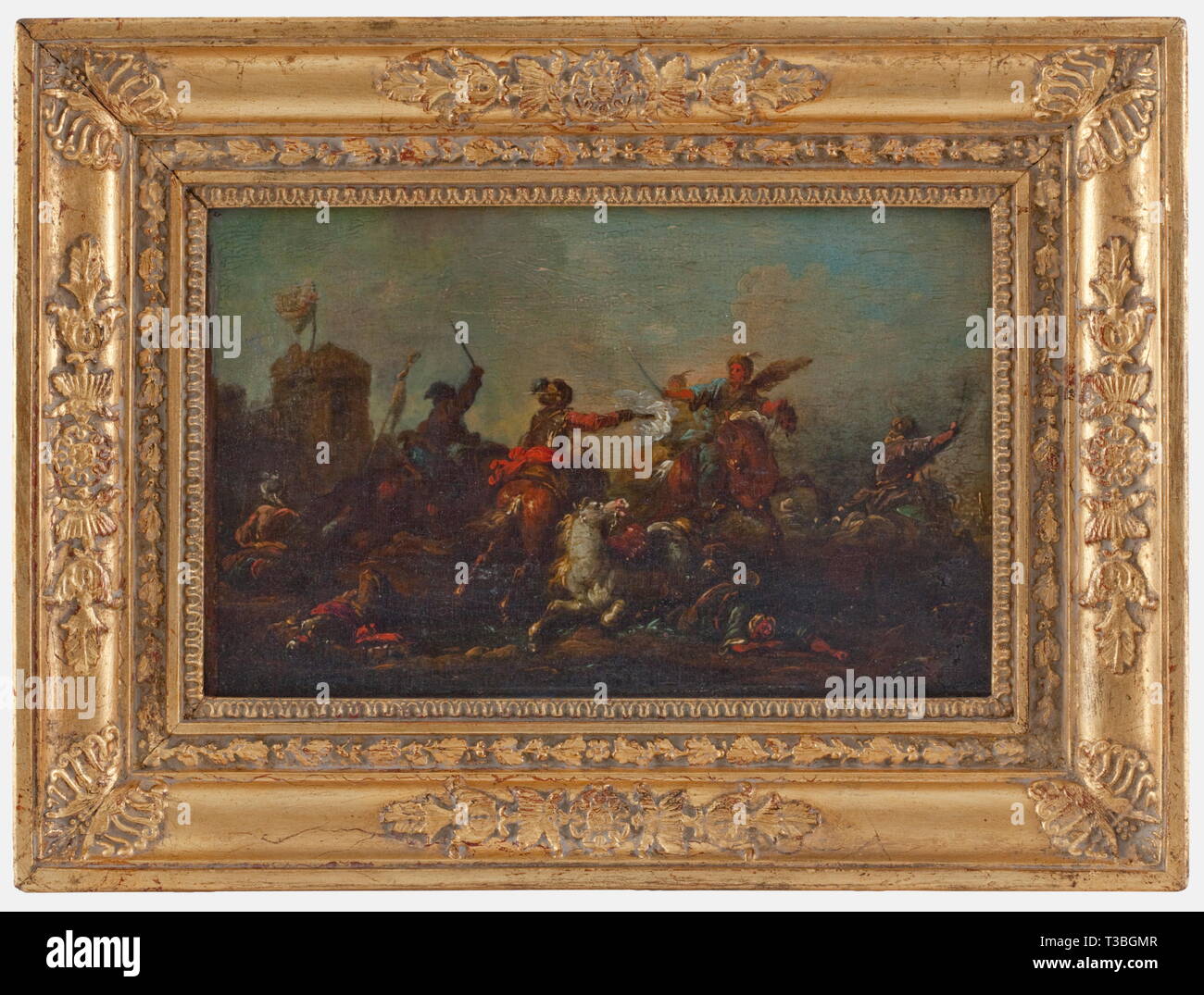 A cavalry combat, German-Dutch, circa 1700 Oil on wood, unsigned. European and Turkish horsemen in the middle of a battle, in the background on the left a fortress with flag. Appealing depiction. In a carved and gilt frame. Dimensions with frame 28 x 37 cm. The wood reinforced on the reverse side, the frame early 19th century, the gilding refurbished. Typical painting from the time around 1700, shortly after the victory over the Turks near Vienna in 1683 and the following successful battles of Prince Eugen and the Margrave Ludwig Wilhelm of Baden, Additional-Rights-Clearance-Info-Not-Available Stock Photo