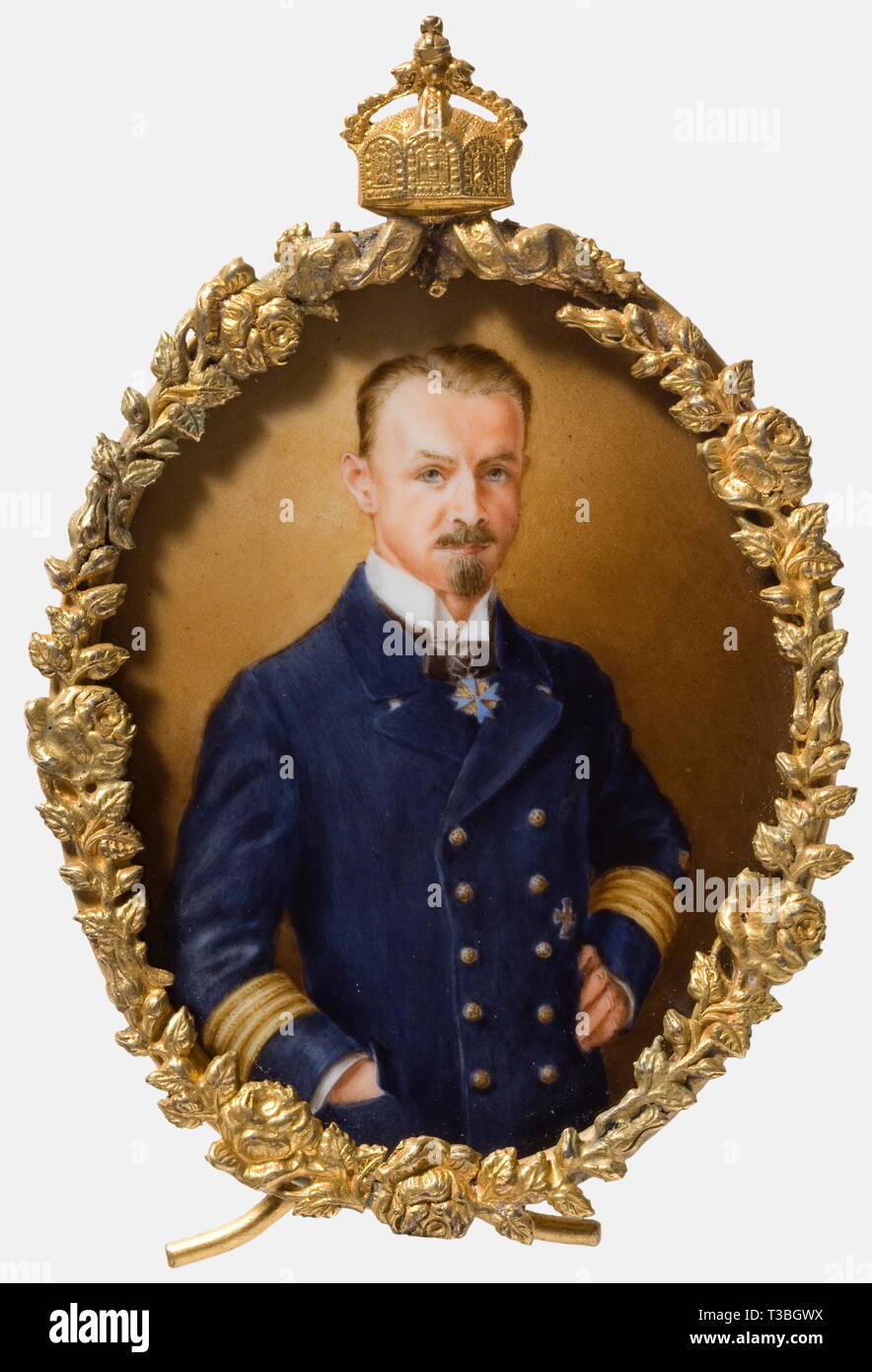Frigate Captain Peter Strasser, a portrait miniature of the F.d.L. China painting. Strasser in full navy dress uniform, around his neck the Pour le mérite, the Iron Cross 1914 1st class on his chest. In oval gilt brass frame with rose garland border surmounted by an imperial crown, the back with stand. Size ca. 10.8 x 7.5 cm. people, 1910s, 20th century, troop, troops, armed forces, military, militaria, army, wing, group, air force, air forces, object, objects, stills, clipping, clippings, cut out, cut-out, cut-outs, painting, paintings, picture,, Additional-Rights-Clearance-Info-Not-Available Stock Photo