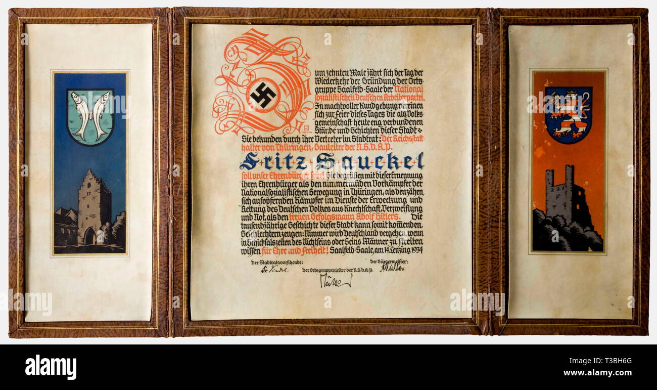 Gauleiter Fritz Sauckel (1894 - 1946), a certificate of honorary  citizenship awarded by the City of Saalfeld Saale Brown leather folder with  metallic coat of arms on the central closure. Parchment certificate