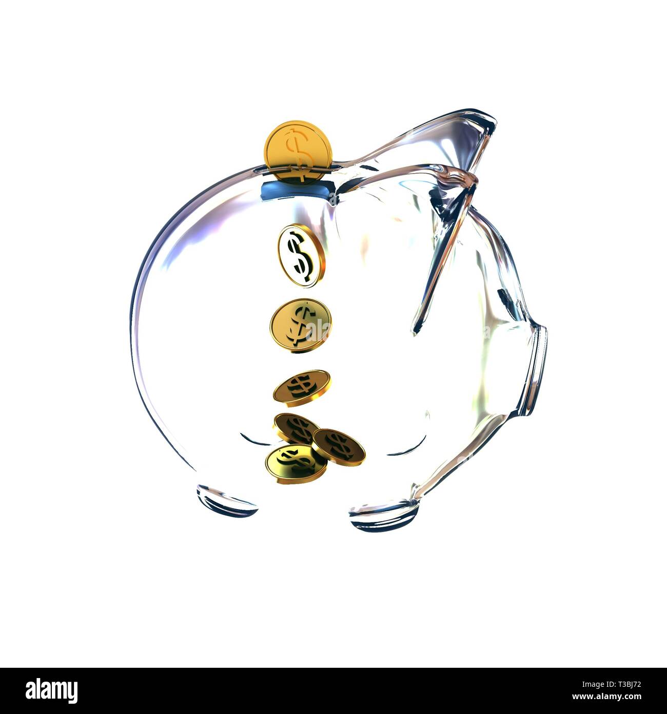glass piggy bank with golden coins. 3d illustration Stock Photo - Alamy