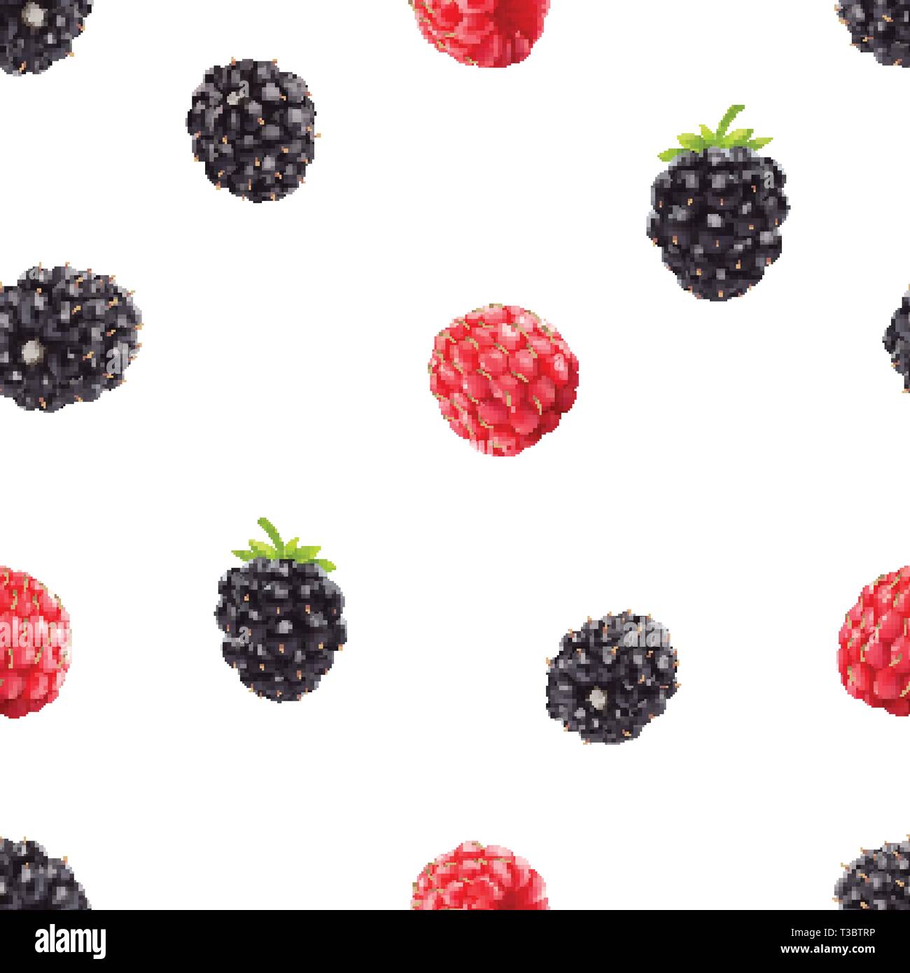 Blackberries and raspberries seamless pattern. 3d realistic vector berries. Stock Vector