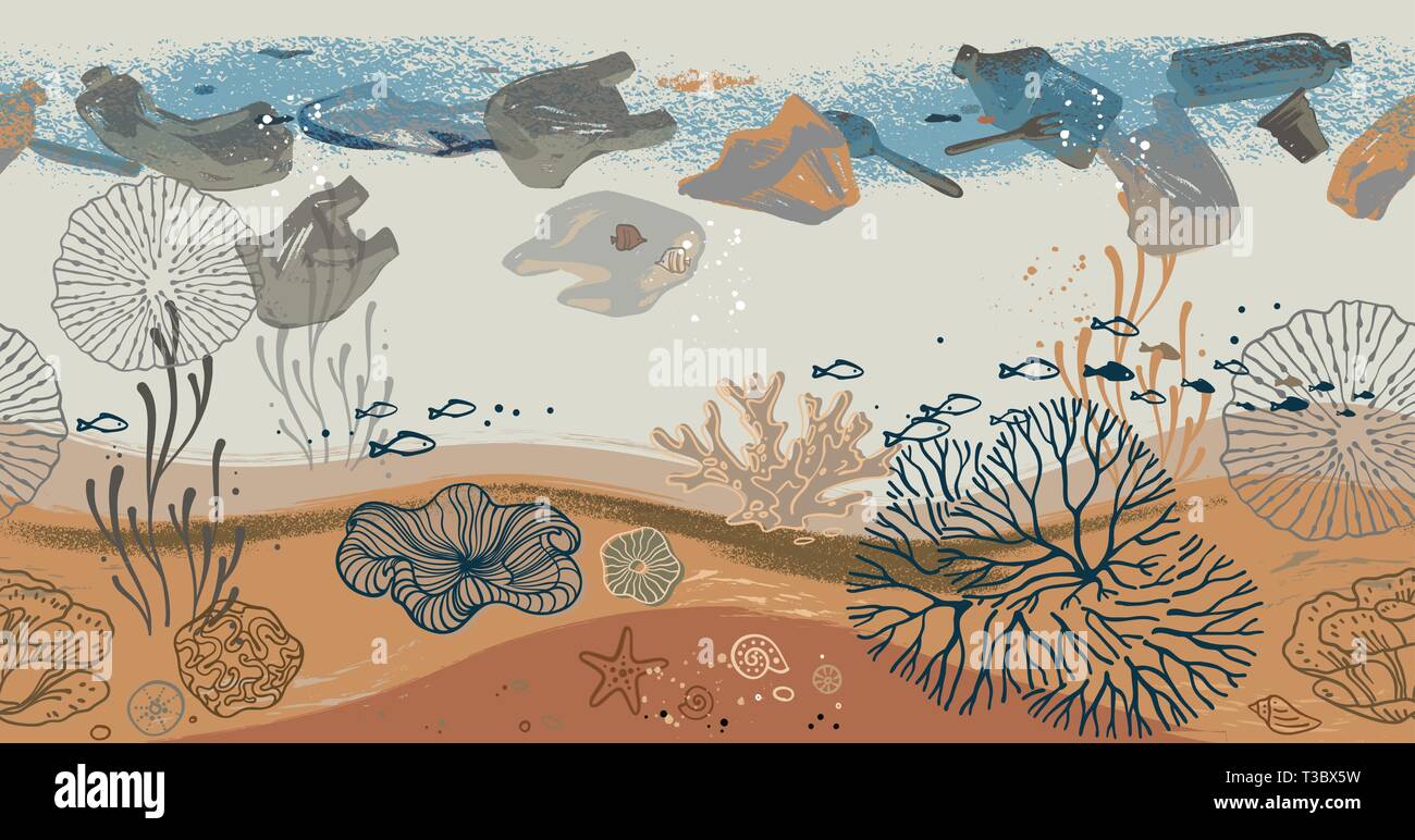 Seamless horizontal pattern with corals, algae, fish, and starfish. Stock Vector
