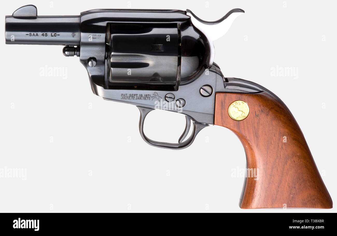 A Colt 'Sheriff's Edition'., Five Colt Single Action Army Revolvers, each without ejector. Cal..45 LC. Serial numbers: 178SE2, 178SE25, 178SE3, 178SE4, and 178SE55. Matching numbers. Manufactured in 1987. Different barrel lengths from 2' to 5.5' (the last digit of the serial number indicates the barrel length). Deep black bluing. Wooden grip panels inset with the company logo. In a glazed display case, lined with green velvet. The weapons are grouped around a plaque in the shape of a sheriff's star. The glass panel has gold lettering, 'Sheriff's , Additional-Rights-Clearance-Info-Not-Available Stock Photo