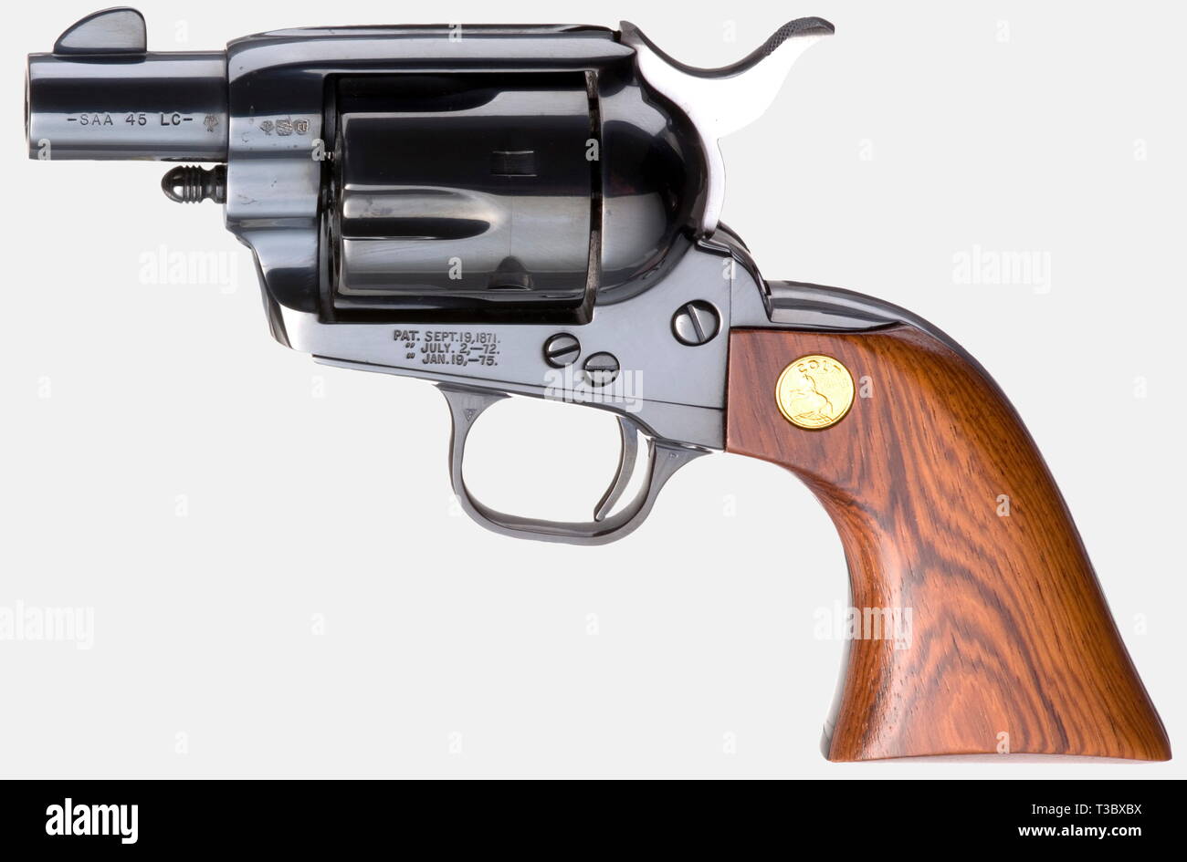 A Colt 'Sheriff's Edition'., Five Colt Single Action Army Revolvers, each without ejector. Cal..45 LC. Serial numbers: 178SE2, 178SE25, 178SE3, 178SE4, and 178SE55. Matching numbers. Manufactured in 1987. Different barrel lengths from 2' to 5.5' (the last digit of the serial number indicates the barrel length). Deep black bluing. Wooden grip panels inset with the company logo. In a glazed display case, lined with green velvet. The weapons are grouped around a plaque in the shape of a sheriff's star. The glass panel has gold lettering, 'Sheriff's , Additional-Rights-Clearance-Info-Not-Available Stock Photo