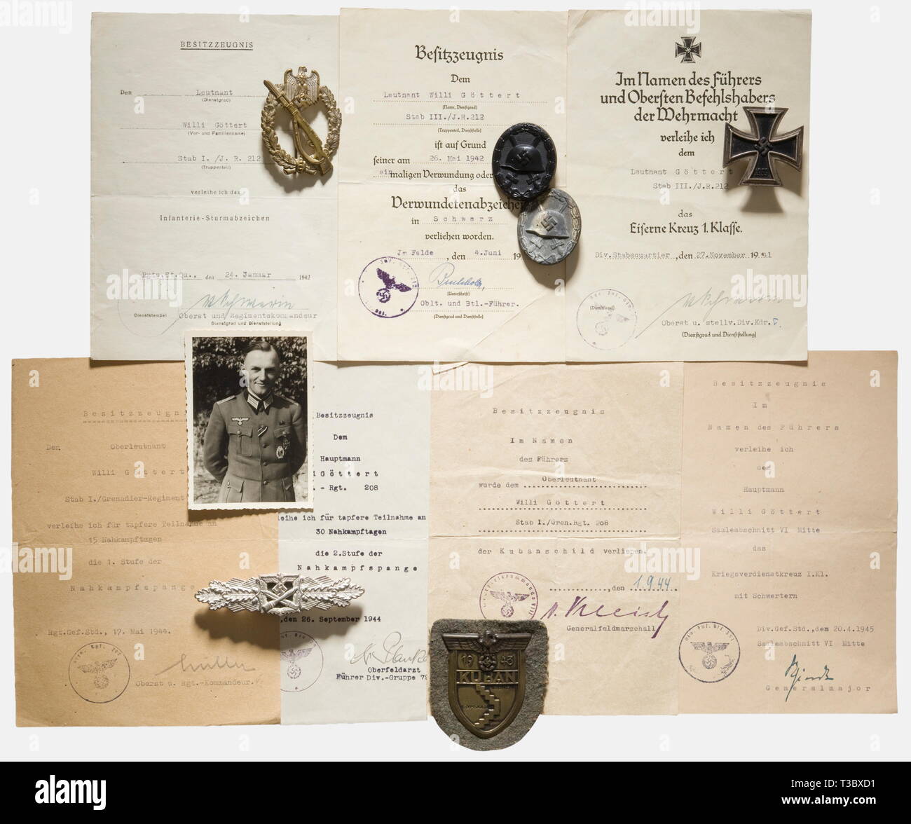 Captain Willi Göttert, decorations and documents German Cross in Gold. Heavy issue with six full rivets and long, slender attachment needle (Nie 7.04.10 f). Chipped, the interior of the award case replaced, with the preliminary possession document dated 14 May 1944. Iron Cross 1st Class of 1939 with award document and transmittal letter, Army Close Combat Clasp in Silver, silvered fine zinc issue of people, 1930s, 1980s, 20th century, 20th century, infantry, military, armed forces, militaria, object, objects, stills, clipping, clippings, cut out, cut-out, cut-outs, document, Editorial-Use-Only Stock Photo