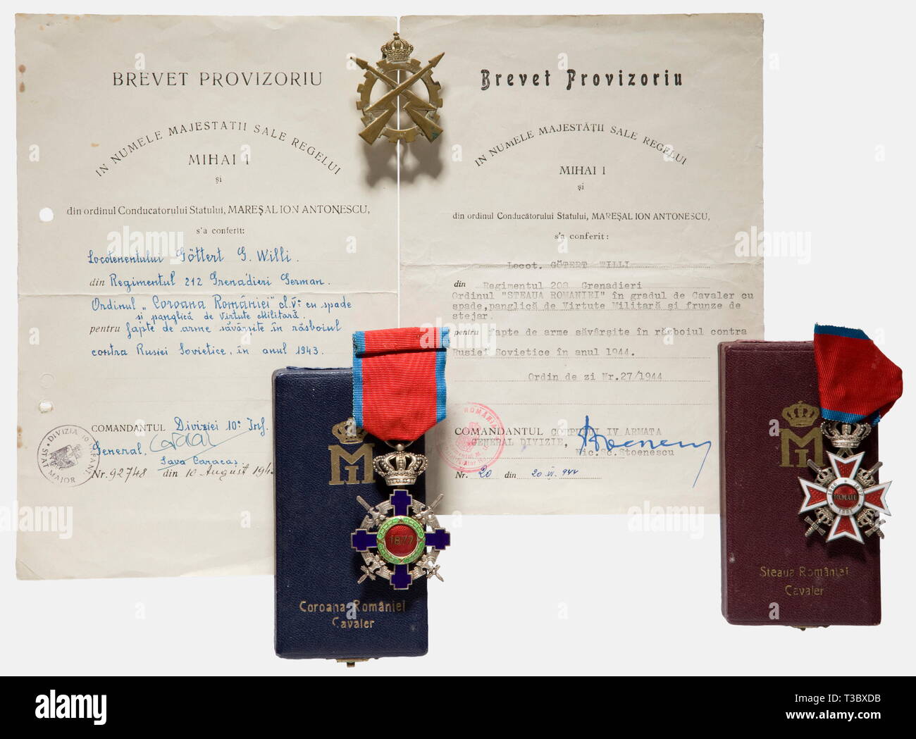 Captain Willi Göttert, decorations and documents German Cross in Gold. Heavy issue with six full rivets and long, slender attachment needle (Nie 7.04.10 f). Chipped, the interior of the award case replaced, with the preliminary possession document dated 14 May 1944. Iron Cross 1st Class of 1939 with award document and transmittal letter, Army Close Combat Clasp in Silver, silvered fine zinc issue of historic, historical, 1980s, 20th century, infantry, military, armed forces, militaria, object, objects, stills, clipping, clippings, cut out, cut-ou, Additional-Rights-Clearance-Info-Not-Available Stock Photo