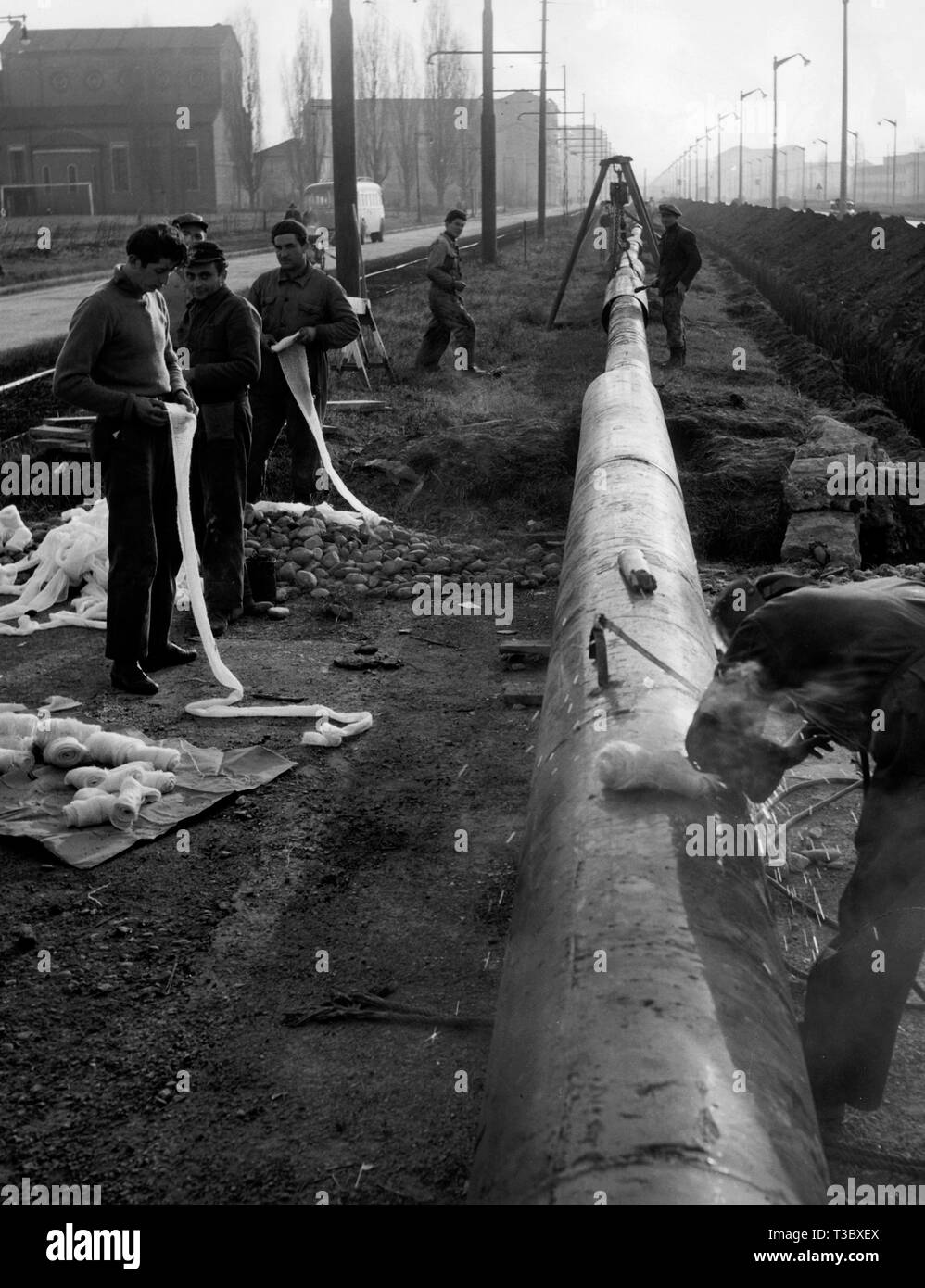 laying of the marsh gas tubes, italy 1956 Stock Photo