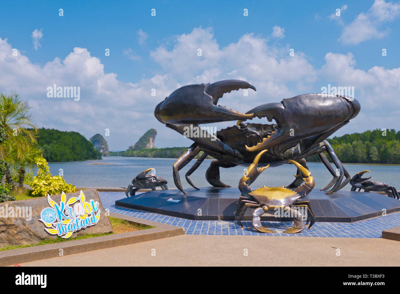 Black Crab sculpture, riverside, Krabi town, Thailand Stock Photo