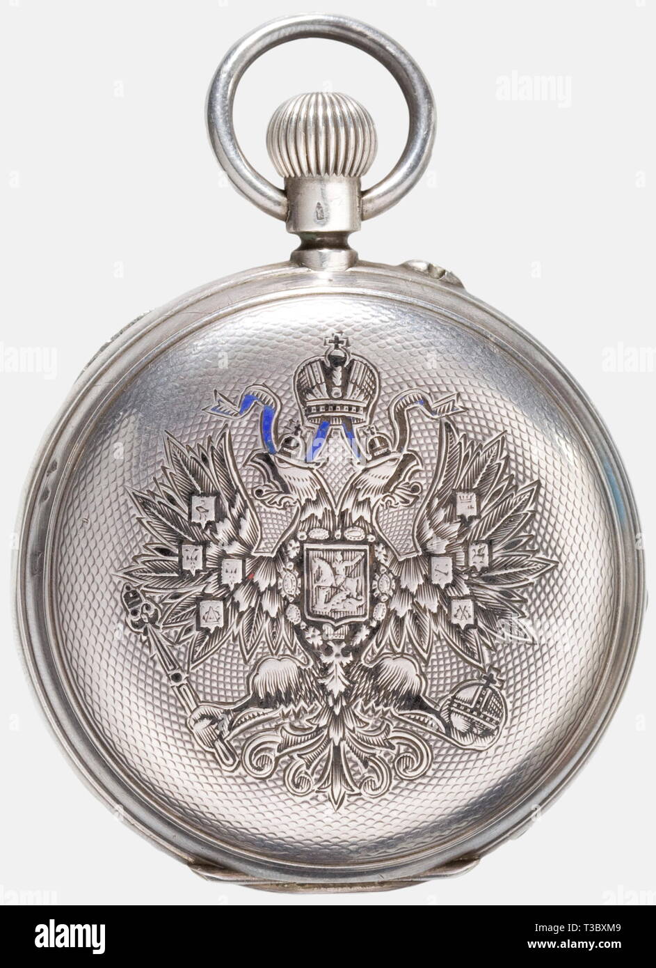 A silver savonette with the Russian double-headed eagle, Pavel Bure, Court Watchmaker and Purveyor to the House of the Tsar The cover displays the partially enamelled blue (chiped) and black Tsarist double-headed eagle of typical Bure quality. White enamel dial with golden lancet hands. Black Roman and Arabic numerals and small second. Functional, jewelled, precision clockwork. Engraved dust cap with the serial number '11919'. Swiss hallmarks '0 875' and 'M Argent' along with the standing bear. Made in Switzerland to the order of Pavel Bure. hist, Additional-Rights-Clearance-Info-Not-Available Stock Photo