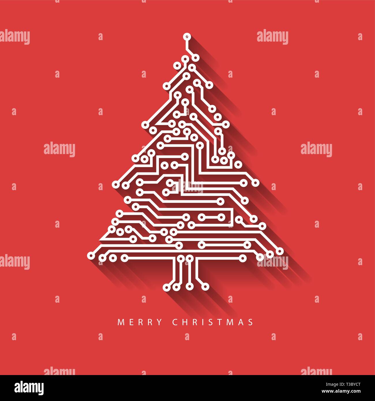 Vector christmas tree from digital electronic circuit on red background with long shadow Stock Vector