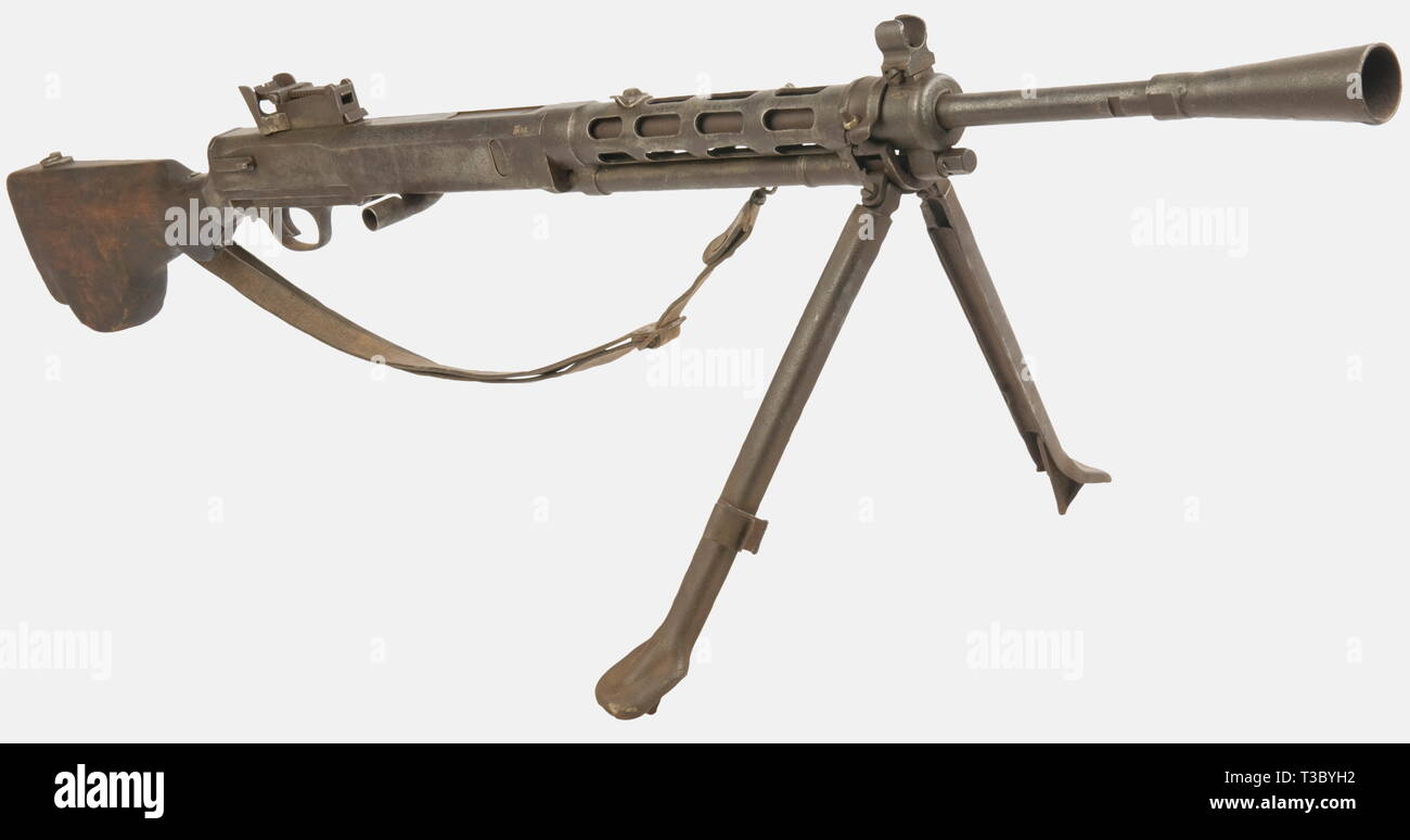 A Soviet light machine gun Degtyarev (DP 28), calibre 7,62 x 54R, made in 1943,. serial number TB135. Pitted, no more bluing, no magazine. With a leather sling of another model. historic, historical, 1930s, 20th century, gun, guns, firearm, fire arm, firearms, fire arms, weapons, arms, weapon, arm, fighting device, object, objects, stills, clipping, clippings, cut out, cut-out, cut-outs, military, militaria, piece of equipment, No-Exclusive-Use | Editorial-Use-Only Stock Photo