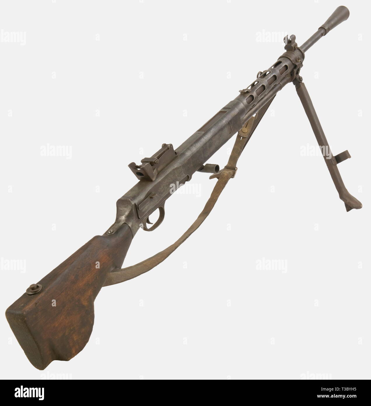 A Soviet light machine gun Degtyarev (DP 28), calibre 7,62 x 54R, made in 1943,. serial number TB135. Pitted, no more bluing, no magazine. With a leather sling of another model. historic, historical, 1930s, 20th century, gun, guns, firearm, fire arm, firearms, fire arms, weapons, arms, weapon, arm, fighting device, object, objects, stills, clipping, clippings, cut out, cut-out, cut-outs, military, militaria, piece of equipment, No-Exclusive-Use | Editorial-Use-Only Stock Photo