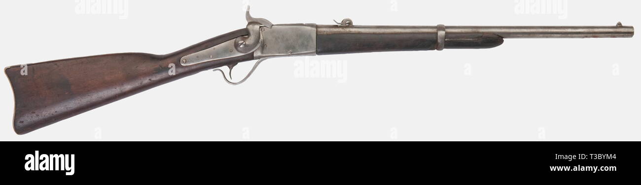 An American civil war Peabody 1862 carbine, calibrE 56/52, number illegible. Heavily restored using a file (no more maker's marking or serial number), the stock very used. Deactivated by drilling a hole in the barrel below the band. Please check your national import regulations for firearms. historic, historical, 19th century, gun, guns, firearm, fire arm, firearms, fire arms, weapons, arms, weapon, arm, fighting device, object, objects, stills, clipping, clippings, cut out, cut-out, cut-outs, military, militaria, piece of equipment, Additional-Rights-Clearance-Info-Not-Available Stock Photo