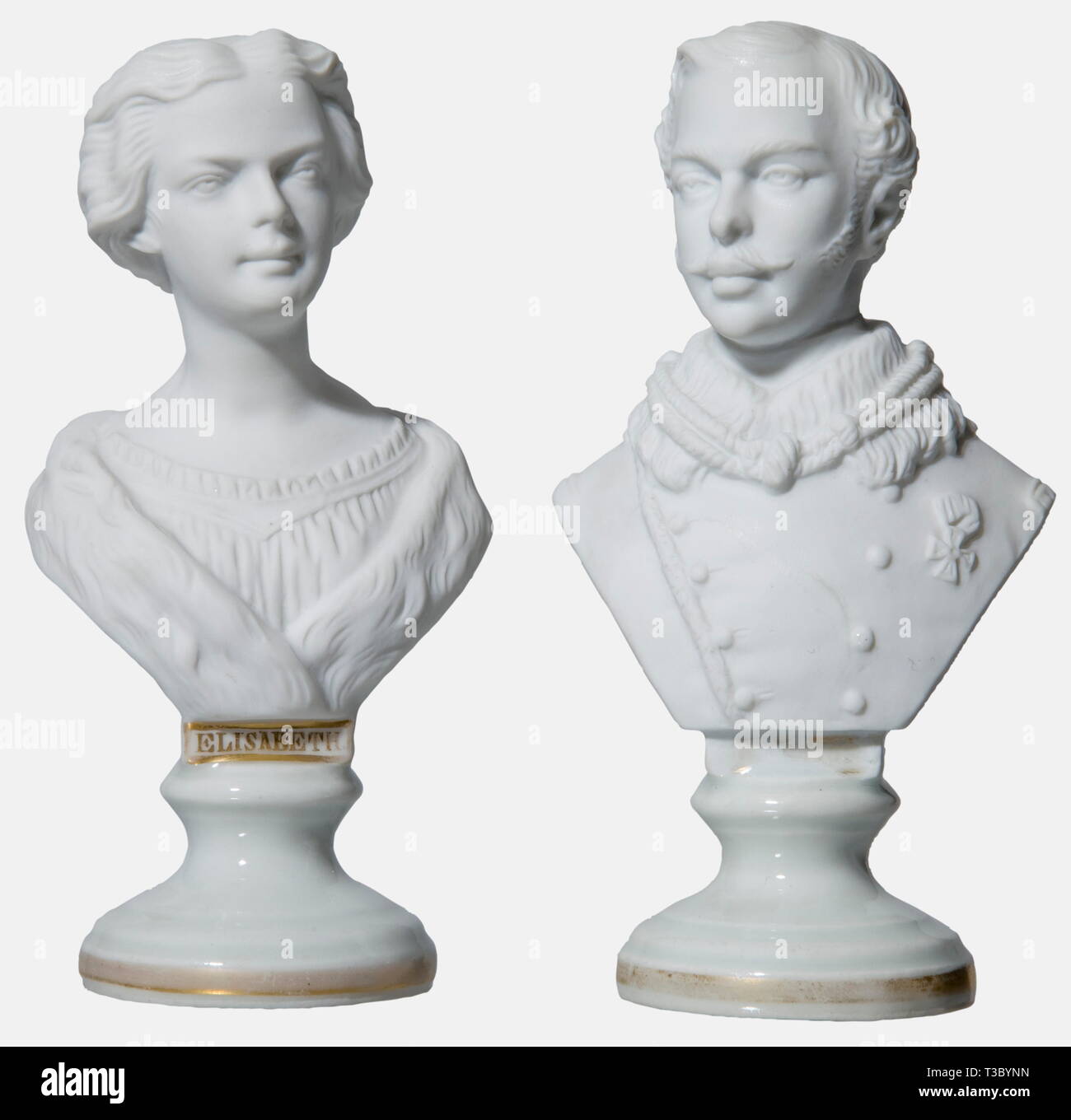 Kaiser Franz Joseph I and Empress Elisabeth of Austria, a pair of busts made from bisque, Vienna Porcelain Manufactory dated '(1)855' and '(1)854'. The emperor in uniform with orders, the empress in a dress with a furred cape. The round bases are both glazed, with golden name inscriptions (the one of the emperor completely rubbed) and golden rim (partly rubbed). Stamped on the bottom with Austrian escutcheon per fess marks, dates '855' and '854' as well as the numbers '36' and '35'. Height 13.4 and 13.2 cm. Rare and early busts of the newly wed i, Additional-Rights-Clearance-Info-Not-Available Stock Photo