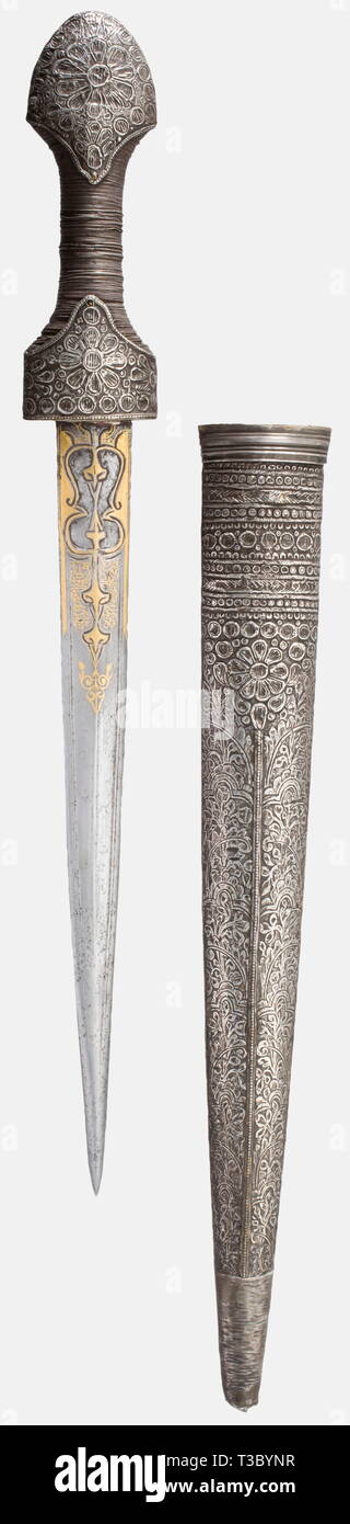An Ottoman spear point dagger, circa 1800 Typically shaped blade with decorative gold inlay of script and floral designs. Grip with fine silver wire winding. Hilt and scabbard covered with finely embossed silver plate and decorated en suite. Chape knob missing. Length 35 cm. historic, historical, 19th century, Ottoman Empire, thrusting, thrustings, hand weapon, hand weapons, melee weapon, melee weapons, handheld, blade, blades, weapon, arms, weapons, arms, object, objects, stills, clipping, clippings, cut out, cut-out, cut-outs, Additional-Rights-Clearance-Info-Not-Available Stock Photo