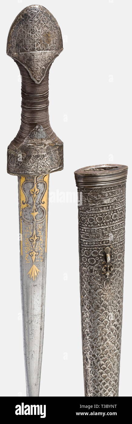 An Ottoman spear point dagger, circa 1800 Typically shaped blade with decorative gold inlay of script and floral designs. Grip with fine silver wire winding. Hilt and scabbard covered with finely embossed silver plate and decorated en suite. Chape knob missing. Length 35 cm. historic, historical, 19th century, Ottoman Empire, thrusting, thrustings, hand weapon, hand weapons, melee weapon, melee weapons, handheld, blade, blades, weapon, arms, weapons, arms, object, objects, stills, clipping, clippings, cut out, cut-out, cut-outs, Additional-Rights-Clearance-Info-Not-Available Stock Photo