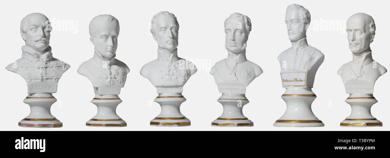 Six busts made from biscuit porcelain, circa 1840/50, representing members of the Archhouse and high-ranking military officers Five busts by the manufactory Kriegel & Cie. in Prague ("K.&C. Prag") and one Bohemian manufactory "Chodau". Each bust made from biscuit porcelain, five of them with name inscriptions, the bases glazed, with gold borders, five octagonal bases and one circular. Kaiser Ferdinand I (1793 - 1875) in uniform highly decorated with orders (amongst others the Golden Fleece), the only bust without name inscription, height 14 cm. A, Additional-Rights-Clearance-Info-Not-Available Stock Photo
