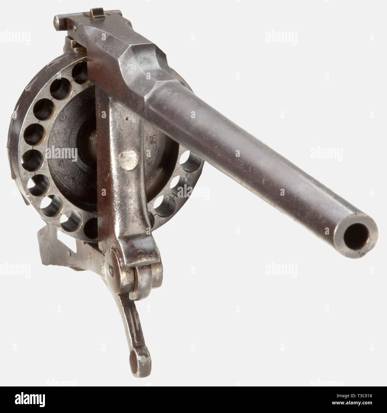 A barricade revolver., Ca. 11 mm calibre. No. 26. 20-shot. Proof mark: double crown/'U'. Barrel length 32.5 cm. Total length 43 cm. Weight 3200 g. Barrel and cylinder tip up. Spring-loaded firing pin. Stained, pitted in places. Presumably, the revolver was clamped and then fired by means of a cord or equivalent. Very rare interesting piece from trench warfare during the First World War. Erwerbsscheinpflichtig. historic, historical, 19th century, German Empire, Germany, Imperial, object, objects, stills, clipping, cut out, cut-out, cut-outs, firea, Additional-Rights-Clearance-Info-Not-Available Stock Photo