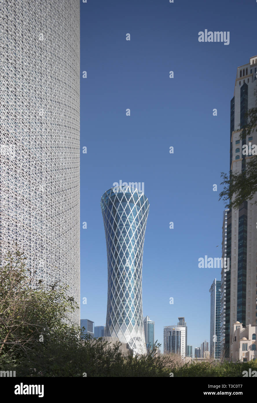 The Tornado Tower, also called the QIPCO Tower, a high-rise office skyscraper in the city of Doha, Qatar. Stock Photo