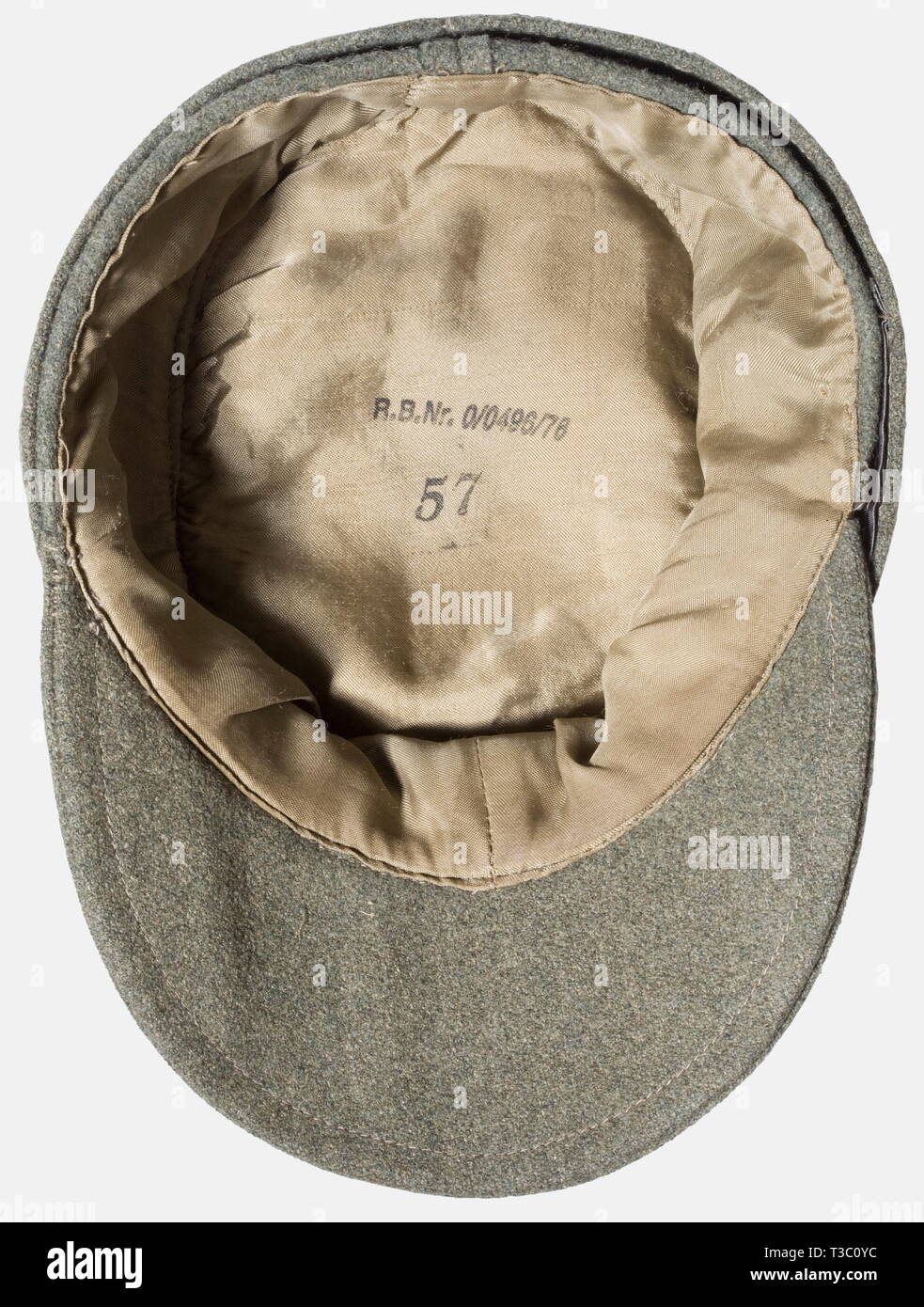 A field cap M 43 for enlisted men/NCOs, of the Mountain Troops Supply room item of field grey woolen material with a field grey lacquered button, machine-embroidered Edelweiß, trapeziform BeVo issue eagle. RBN and size stamp '57' in the artificial silk liner. historic, historical, 1930s, 20th century, Waffen-SS, armed division of the SS, armed service, armed services, NS, National Socialism, Nazism, Third Reich, German Reich, Germany, military, militaria, utensil, piece of equipment, utensils, object, objects, stills, clipping, clippings, cut out, cut-out, cut-outs, fascism, Editorial-Use-Only Stock Photo