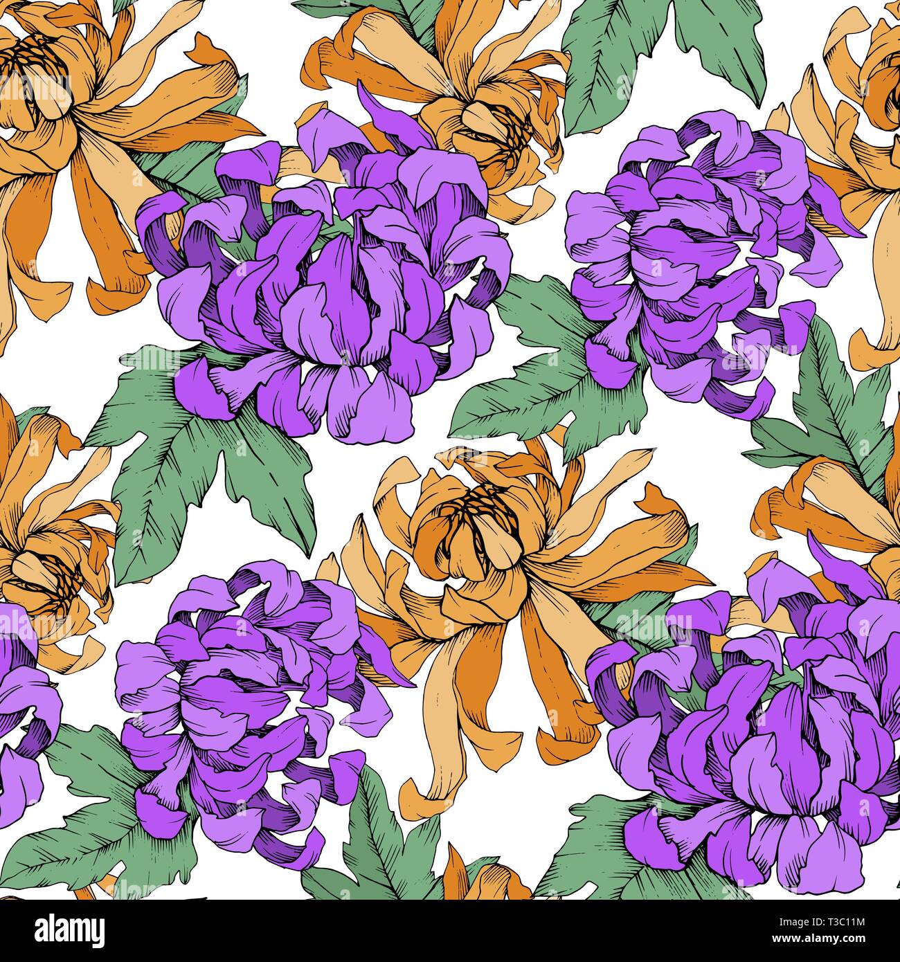 Vector Chrysanthemum floral botanical flowers. Engraved ink art. Seamless background pattern. Stock Vector