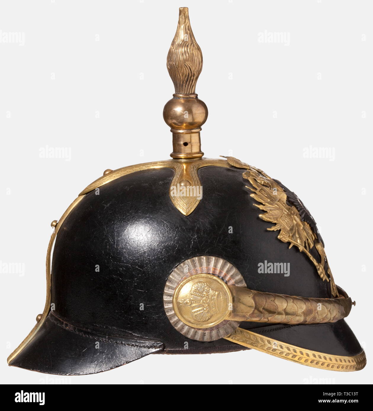 A 1860 helmet for generals, of the Russian Guards Leather body with gilt brass mountings. The stamped gilded double-headed eagle bears an enamelled and silver Guard's star in the shape of the Order of St. Andrew with a master's stamp, 'KE' and the St. Petersburg hallmark for 84 zolotniki. Helmet spike for general officers (locking pin missing). Convex, gilt metal chinscales with leather backing. Leather sweatband. Fine cream-coloured silk lining. The edge rail on the back peak bears an illegible maker's mark. Collector's label inside the front pe, Additional-Rights-Clearance-Info-Not-Available Stock Photo