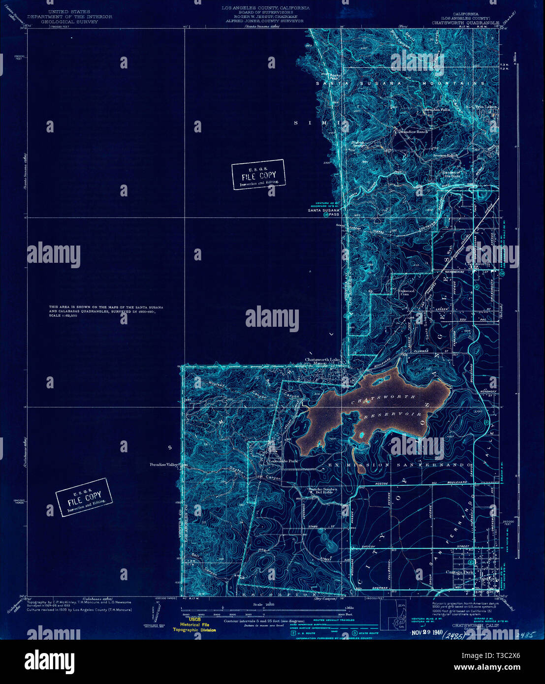 Chatsworth map hi res stock photography - Usgs Topo Map California Ca Chatsworth 289130 1940 24000 Inverted Restoration T3C2X6