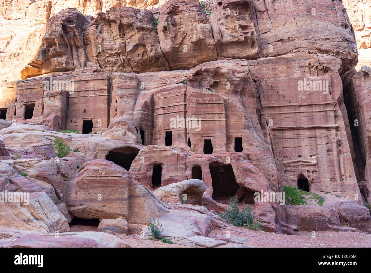 View of the Street of Facades in the ancient Nabatean city of Petra, Jordan. UNESCO World Heritage Site. Stock Photo