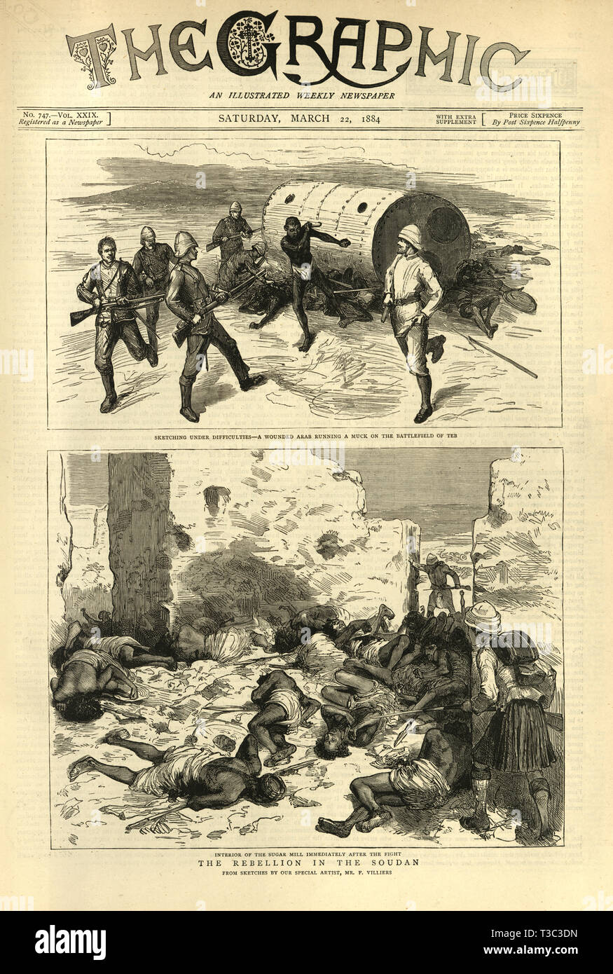 Front page of the Graphic illustrated newspaper for March 22nd, 1884. Wound Arab on the Battlefield of Teb. Interior of the Suger mall immediately after the fight. Mahdist War Stock Photo