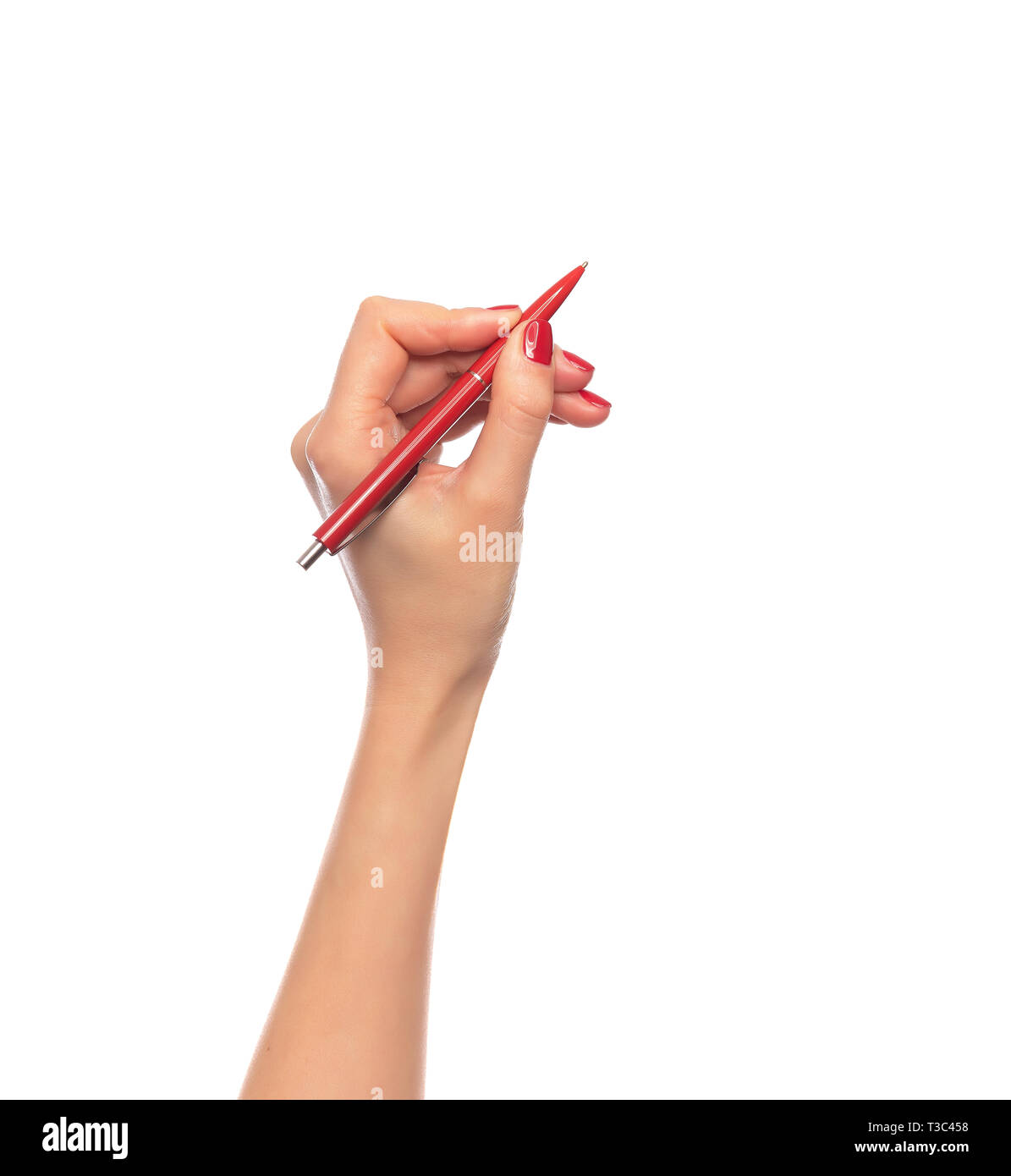 Female hand holding a pen on white background Stock Photo - Alamy