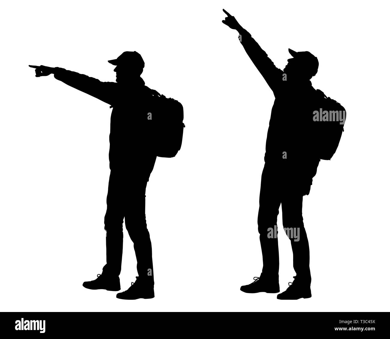 Realistic silhouette of standing man tourist with backpack. He points his hand in the distance or up. Isolated on white background - vector Stock Vector