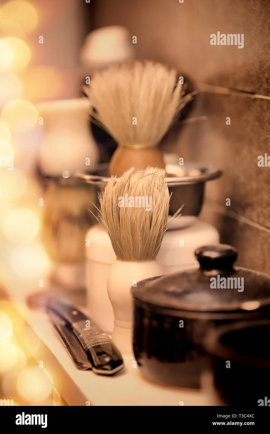 Equipment on barber shop and empty space for tex Stock Photo