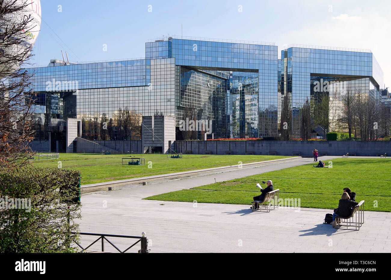 Buildings for various government offices, all clad in reflective glass, overlooking the Parc André Citroen, which they do nothing to enhance. Stock Photo