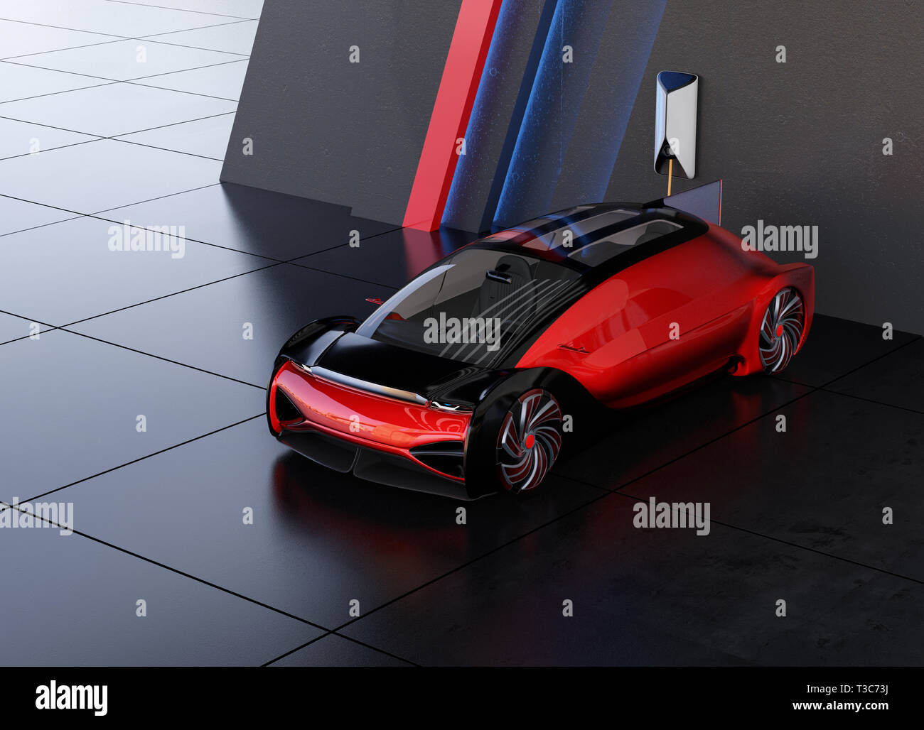 Autonomous electric car charging in charging station. 3D rendering image. Stock Photo