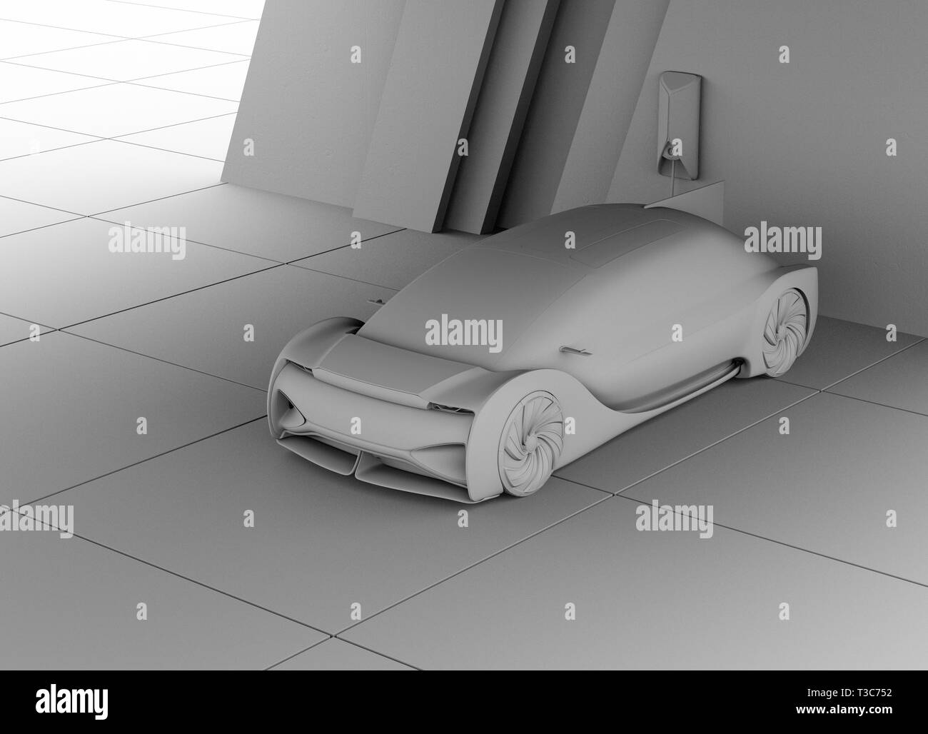 Clay rendering of electric car charging in charging station. 3D rendering image. Stock Photo