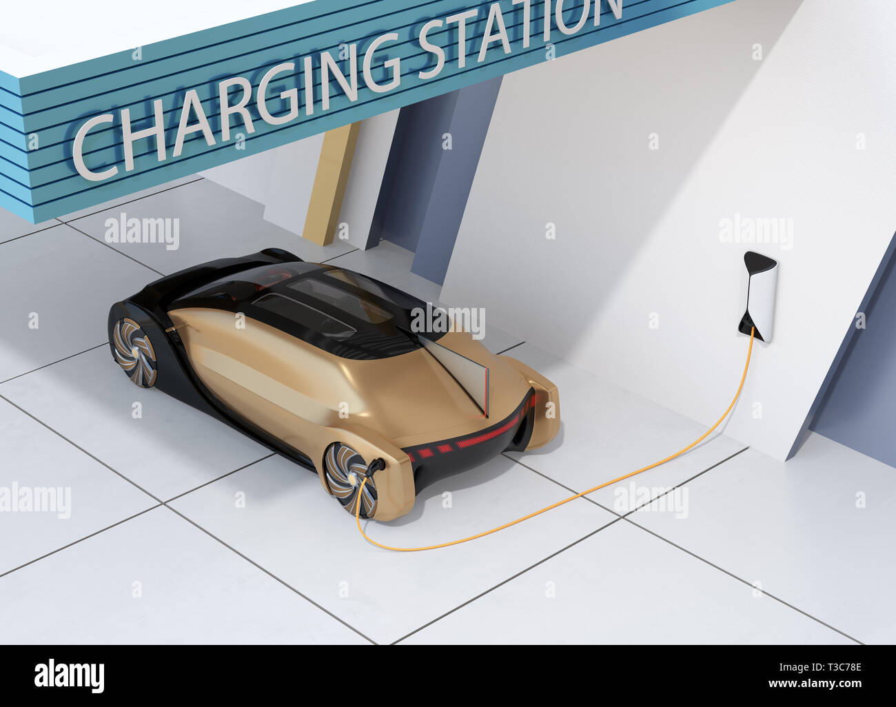 Autonomous electric car charging in charging station. 3D rendering image. Stock Photo