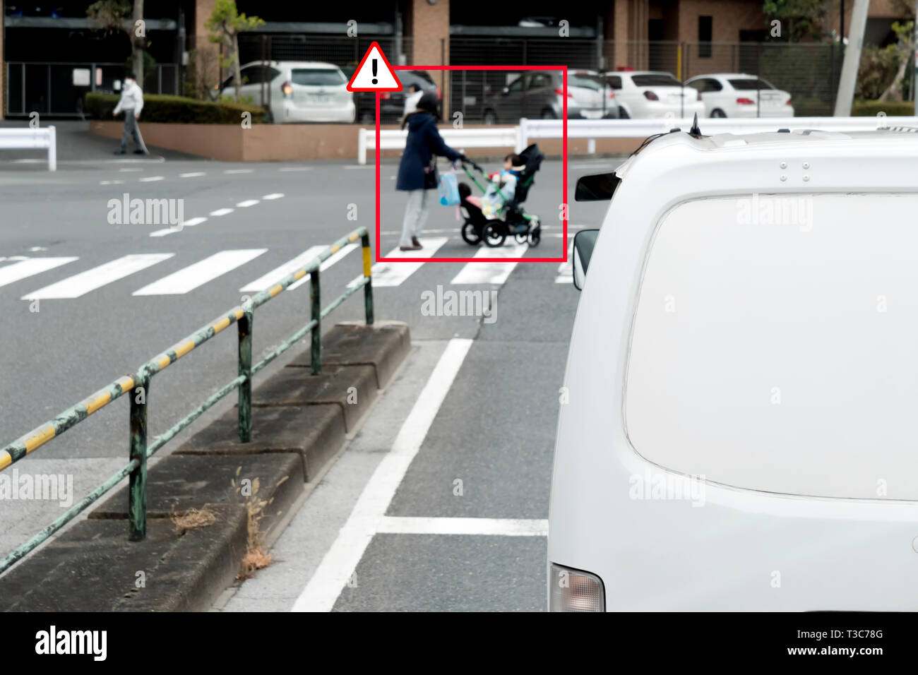 Smart artificial intelligence in autonomous van car with self driving mode technology concept. Self driving car use pedestrian crossing zebra or cross Stock Photo