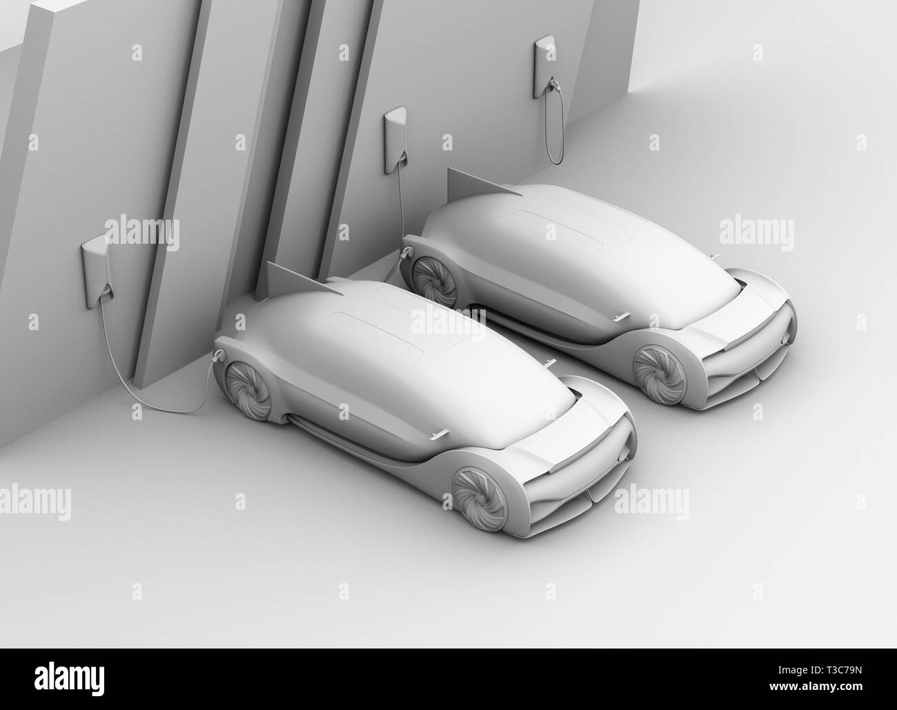 Clay rendering of electric cars charging in charging station. 3D rendering image. Stock Photo