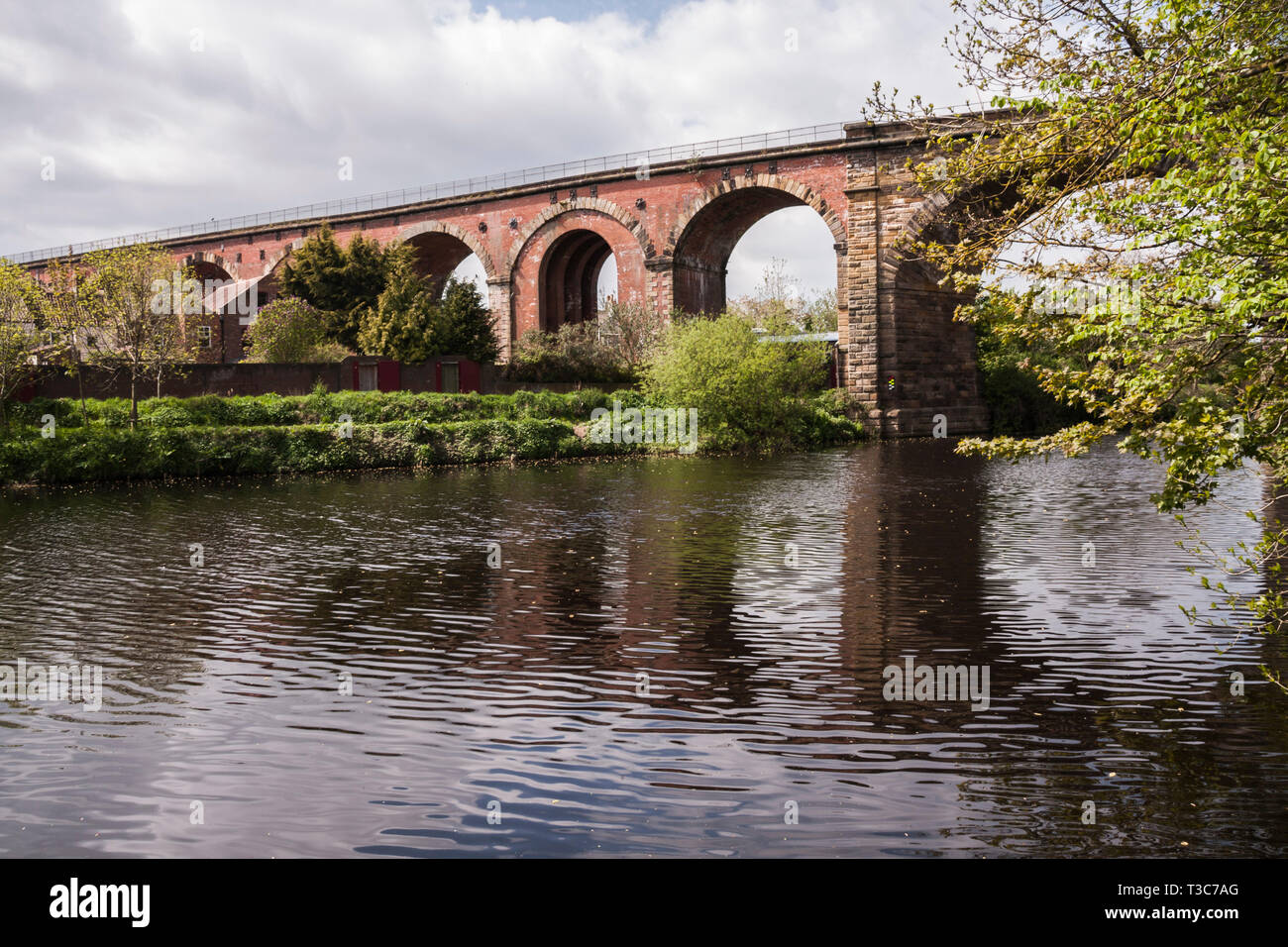 A scenic view of the River Tees at Yarm  showing the rail viaduct and tree lined river banks Stock Photo