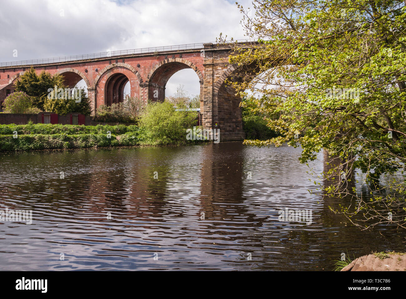 A scenic view of the River Tees at Yarm  showing the rail viaduct and tree lined river banks Stock Photo